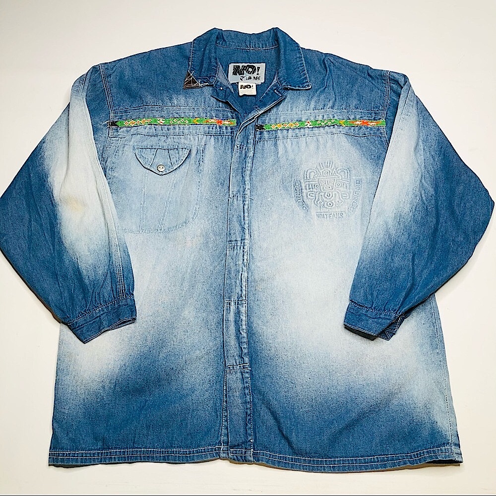 VTG 90s No! Jeans Acid Denim Aztec Native American Shirt Long Sleeve Button M/L
